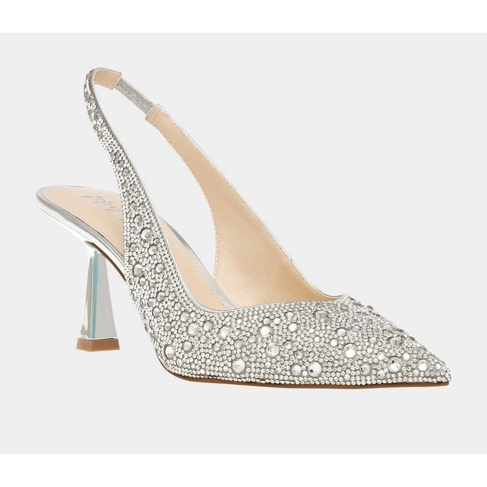 NWOT Mucccute Silver Rhinestone Slingback Pointed‎ Toe Sculptural Heel  Gala 7.5